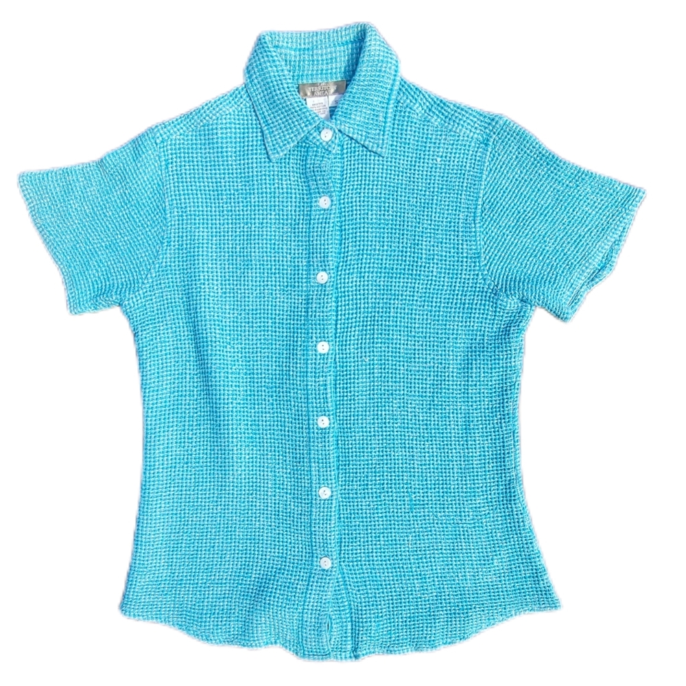 The Territory Ahead Women’s Short Sleeve Knit Button Up Shirt Turqoise Sz S